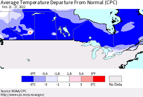 Canada Average Temperature Departure from Normal (CPC) Thematic Map For 2/21/2022 - 2/27/2022