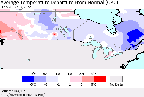 Canada Average Temperature Departure from Normal (CPC) Thematic Map For 2/28/2022 - 3/6/2022