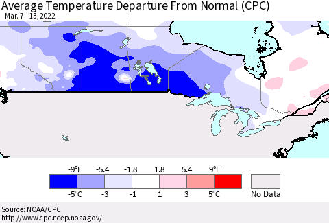 Canada Average Temperature Departure from Normal (CPC) Thematic Map For 3/7/2022 - 3/13/2022