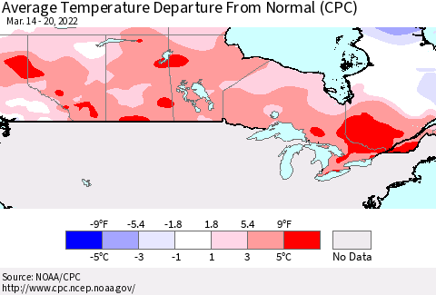 Canada Average Temperature Departure from Normal (CPC) Thematic Map For 3/14/2022 - 3/20/2022