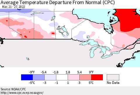 Canada Average Temperature Departure from Normal (CPC) Thematic Map For 3/21/2022 - 3/27/2022