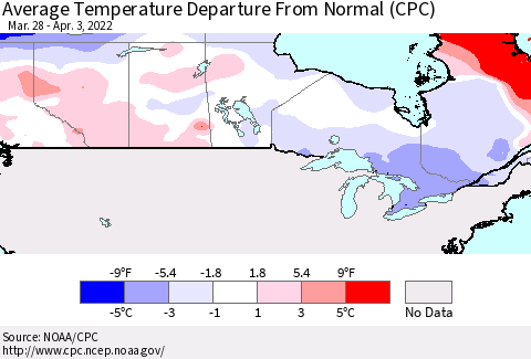 Canada Average Temperature Departure from Normal (CPC) Thematic Map For 3/28/2022 - 4/3/2022