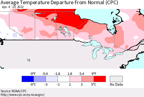 Canada Average Temperature Departure from Normal (CPC) Thematic Map For 4/4/2022 - 4/10/2022