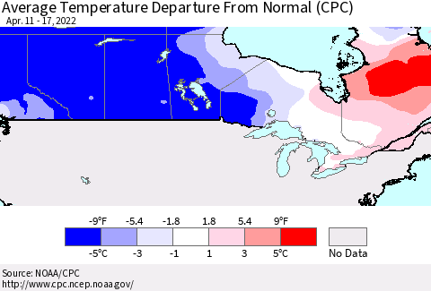 Canada Average Temperature Departure from Normal (CPC) Thematic Map For 4/11/2022 - 4/17/2022