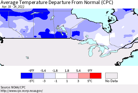 Canada Average Temperature Departure from Normal (CPC) Thematic Map For 4/18/2022 - 4/24/2022