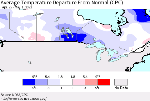 Canada Average Temperature Departure from Normal (CPC) Thematic Map For 4/25/2022 - 5/1/2022