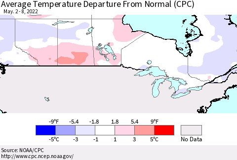 Canada Average Temperature Departure from Normal (CPC) Thematic Map For 5/2/2022 - 5/8/2022