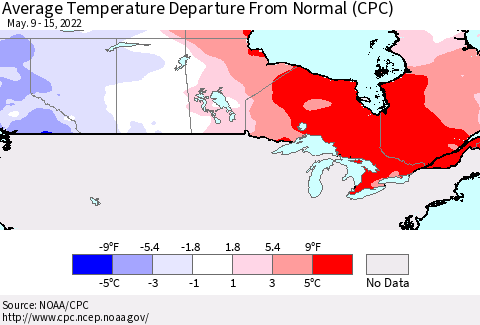 Canada Average Temperature Departure from Normal (CPC) Thematic Map For 5/9/2022 - 5/15/2022