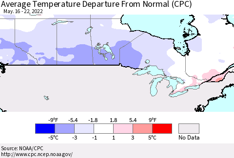 Canada Average Temperature Departure from Normal (CPC) Thematic Map For 5/16/2022 - 5/22/2022
