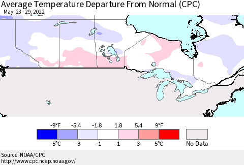 Canada Average Temperature Departure from Normal (CPC) Thematic Map For 5/23/2022 - 5/29/2022