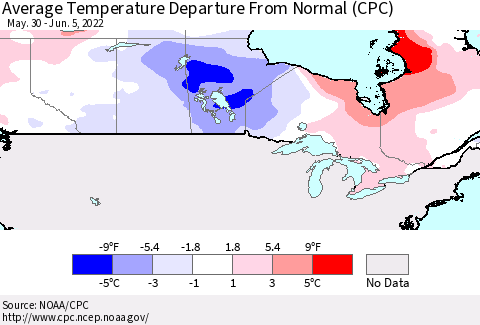 Canada Average Temperature Departure from Normal (CPC) Thematic Map For 5/30/2022 - 6/5/2022