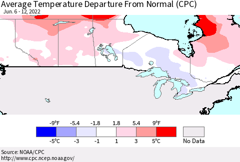Canada Average Temperature Departure from Normal (CPC) Thematic Map For 6/6/2022 - 6/12/2022