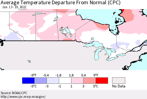 Canada Average Temperature Departure from Normal (CPC) Thematic Map For 6/13/2022 - 6/19/2022