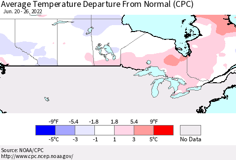 Canada Average Temperature Departure from Normal (CPC) Thematic Map For 6/20/2022 - 6/26/2022