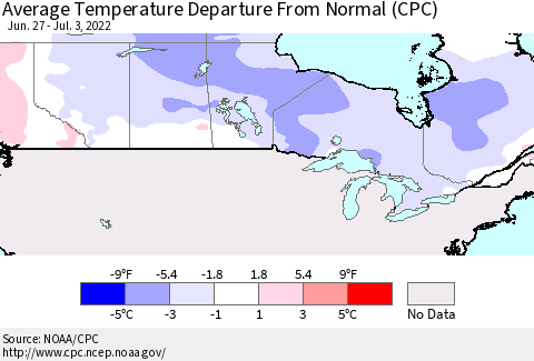 Canada Average Temperature Departure from Normal (CPC) Thematic Map For 6/27/2022 - 7/3/2022