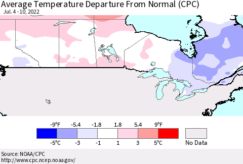 Canada Average Temperature Departure from Normal (CPC) Thematic Map For 7/4/2022 - 7/10/2022