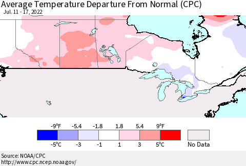 Canada Average Temperature Departure from Normal (CPC) Thematic Map For 7/11/2022 - 7/17/2022