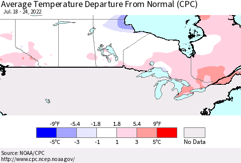 Canada Average Temperature Departure from Normal (CPC) Thematic Map For 7/18/2022 - 7/24/2022