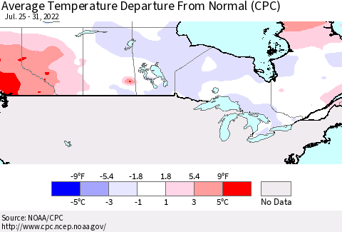 Canada Average Temperature Departure from Normal (CPC) Thematic Map For 7/25/2022 - 7/31/2022