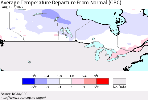 Canada Average Temperature Departure from Normal (CPC) Thematic Map For 8/1/2022 - 8/7/2022