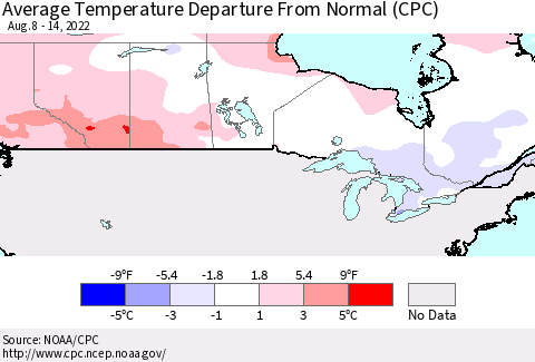Canada Average Temperature Departure from Normal (CPC) Thematic Map For 8/8/2022 - 8/14/2022