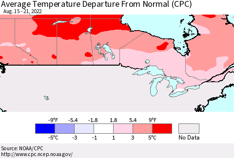 Canada Average Temperature Departure from Normal (CPC) Thematic Map For 8/15/2022 - 8/21/2022