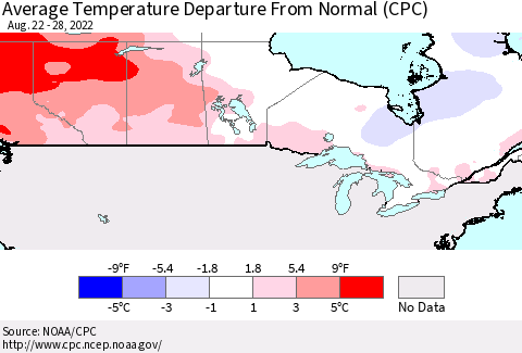 Canada Average Temperature Departure from Normal (CPC) Thematic Map For 8/22/2022 - 8/28/2022