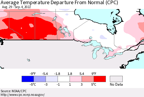 Canada Average Temperature Departure from Normal (CPC) Thematic Map For 8/29/2022 - 9/4/2022