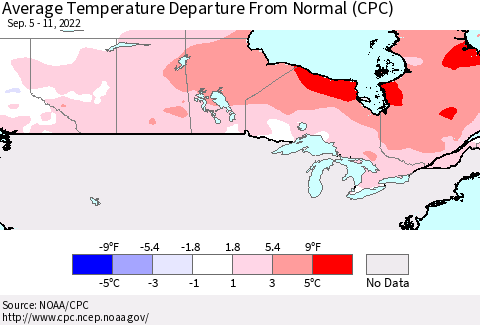 Canada Average Temperature Departure from Normal (CPC) Thematic Map For 9/5/2022 - 9/11/2022