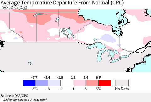 Canada Average Temperature Departure from Normal (CPC) Thematic Map For 9/12/2022 - 9/18/2022