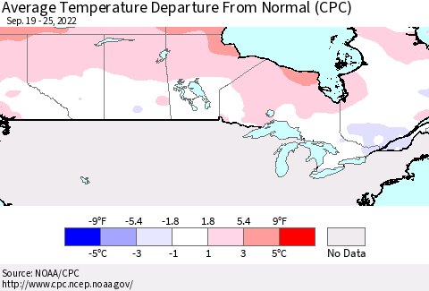 Canada Average Temperature Departure from Normal (CPC) Thematic Map For 9/19/2022 - 9/25/2022