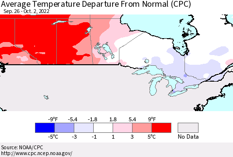 Canada Average Temperature Departure from Normal (CPC) Thematic Map For 9/26/2022 - 10/2/2022
