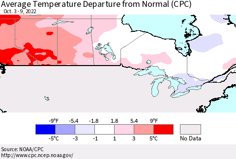 Canada Average Temperature Departure from Normal (CPC) Thematic Map For 10/3/2022 - 10/9/2022