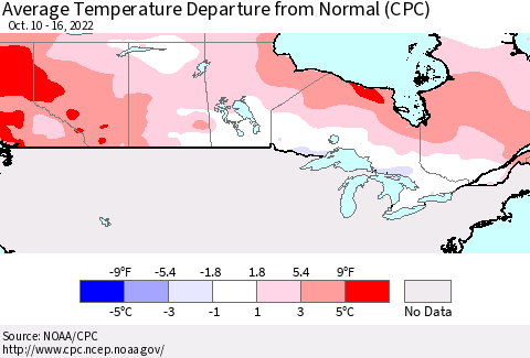 Canada Average Temperature Departure from Normal (CPC) Thematic Map For 10/10/2022 - 10/16/2022