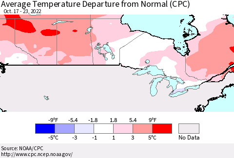 Canada Average Temperature Departure from Normal (CPC) Thematic Map For 10/17/2022 - 10/23/2022