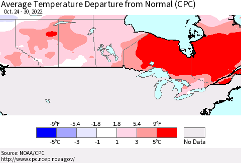 Canada Average Temperature Departure from Normal (CPC) Thematic Map For 10/24/2022 - 10/30/2022