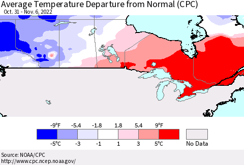 Canada Average Temperature Departure from Normal (CPC) Thematic Map For 10/31/2022 - 11/6/2022