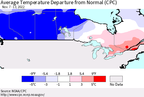 Canada Average Temperature Departure from Normal (CPC) Thematic Map For 11/7/2022 - 11/13/2022