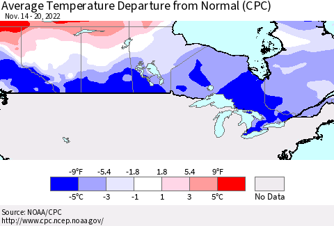 Canada Average Temperature Departure from Normal (CPC) Thematic Map For 11/14/2022 - 11/20/2022