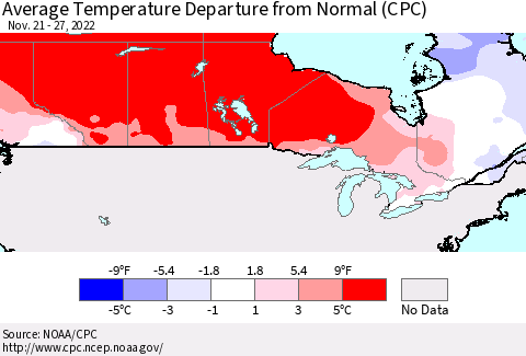 Canada Average Temperature Departure from Normal (CPC) Thematic Map For 11/21/2022 - 11/27/2022