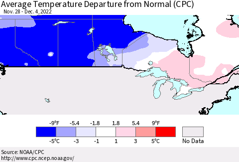 Canada Average Temperature Departure from Normal (CPC) Thematic Map For 11/28/2022 - 12/4/2022