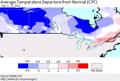 Canada Average Temperature Departure from Normal (CPC) Thematic Map For 12/5/2022 - 12/11/2022
