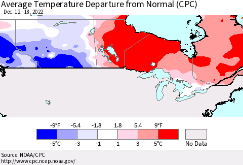 Canada Average Temperature Departure from Normal (CPC) Thematic Map For 12/12/2022 - 12/18/2022