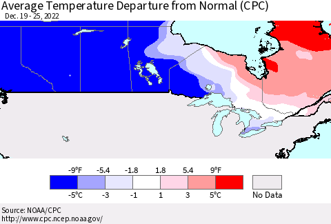 Canada Average Temperature Departure from Normal (CPC) Thematic Map For 12/19/2022 - 12/25/2022