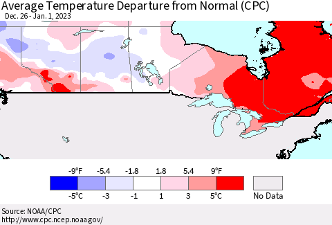 Canada Average Temperature Departure from Normal (CPC) Thematic Map For 12/26/2022 - 1/1/2023