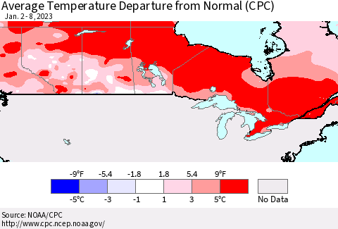 Canada Average Temperature Departure from Normal (CPC) Thematic Map For 1/2/2023 - 1/8/2023