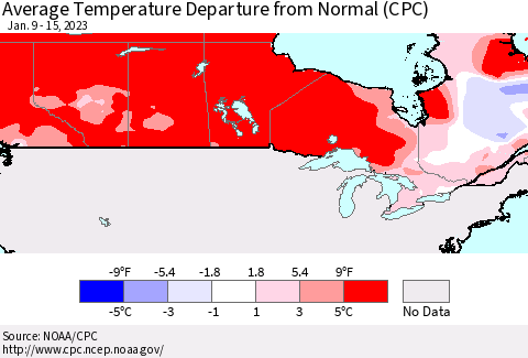 Canada Average Temperature Departure from Normal (CPC) Thematic Map For 1/9/2023 - 1/15/2023