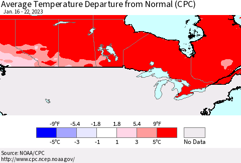 Canada Average Temperature Departure from Normal (CPC) Thematic Map For 1/16/2023 - 1/22/2023