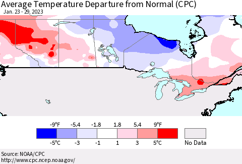 Canada Average Temperature Departure from Normal (CPC) Thematic Map For 1/23/2023 - 1/29/2023