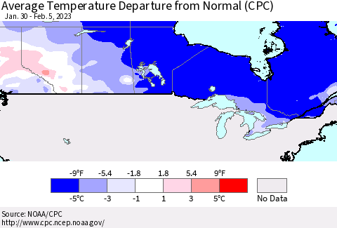Canada Average Temperature Departure from Normal (CPC) Thematic Map For 1/30/2023 - 2/5/2023